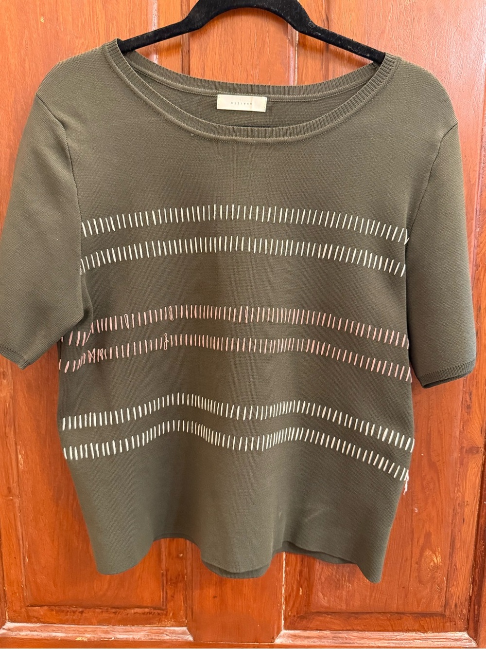 Women's Olive Green Short-Sleeve Knit Tee with Embroidered Stripe Detail